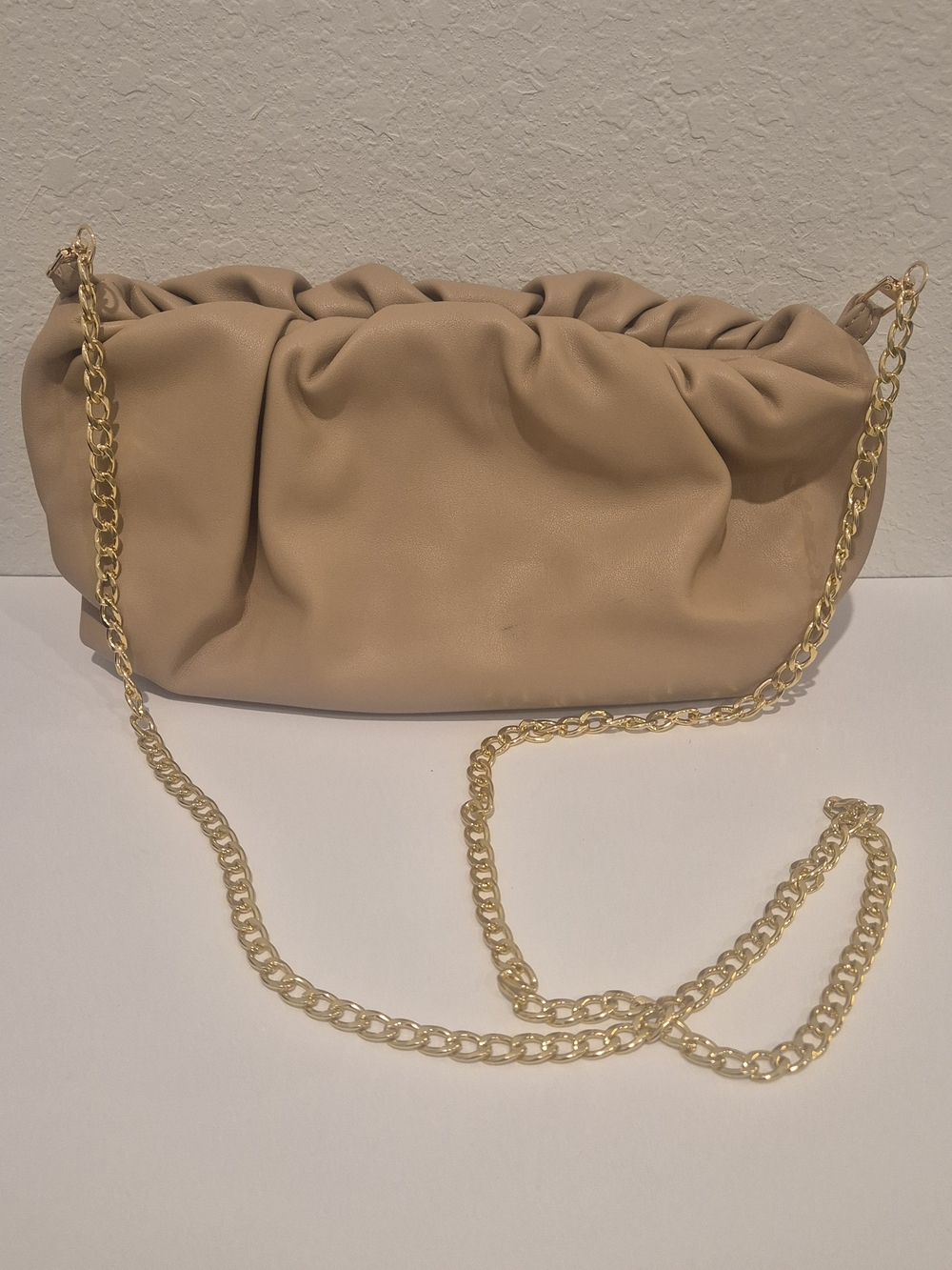 Prime Beige Faux Leather Handbag Gold Chain Shoulder Bag